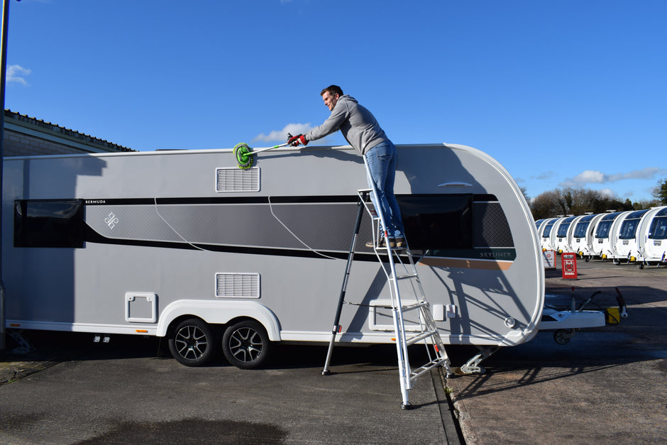 Cleaning Your Caravan the Safe Way with a Henchman Tripod Ladder