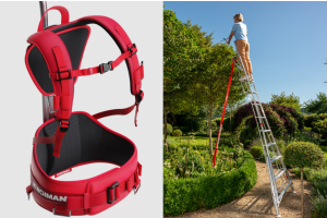 Left: 3D render of the Henchman Harness. Right: Lady trimming a tree whilst standing at the top of a tall ladder. 